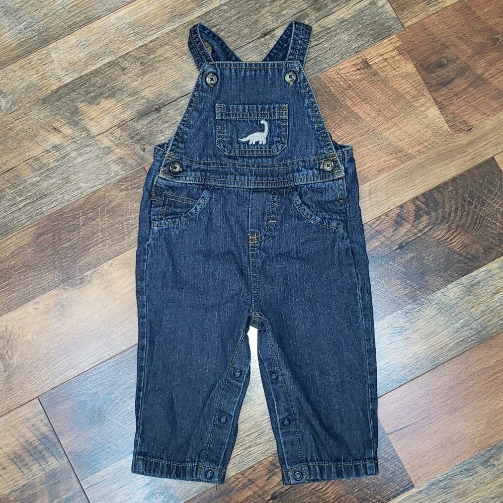 Carter's Medium Wash Blue Overalls with Embroidered Dinosaur, Size 9 Months